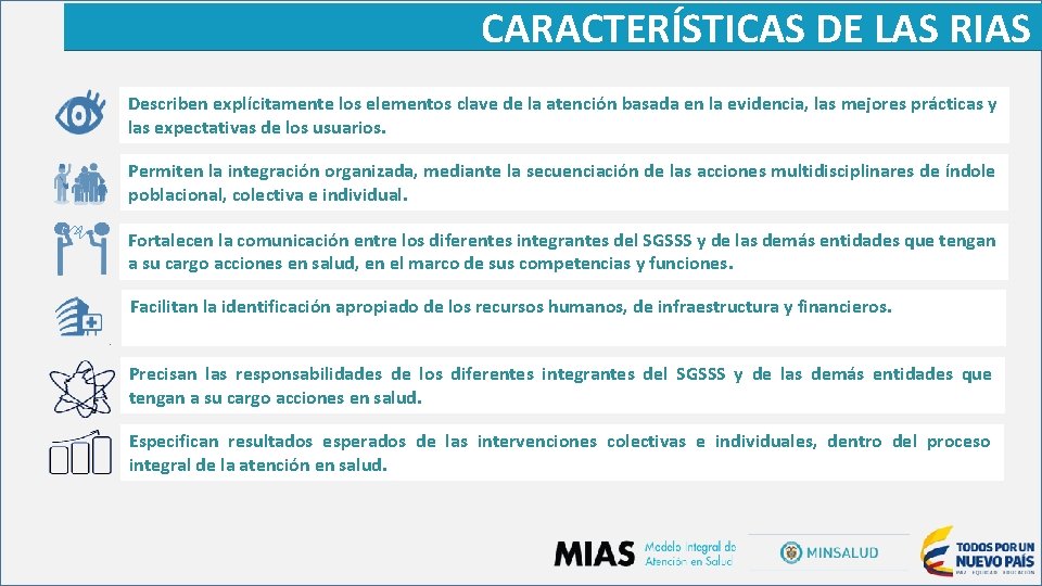 CARACTERÍSTICAS DE LAS RIAS Describen explícitamente los elementos clave de la atención basada en