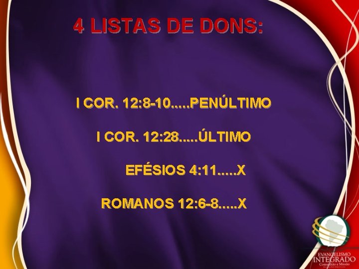 4 LISTAS DE DONS: I COR. 12: 8 -10. . . PENÚLTIMO I COR.