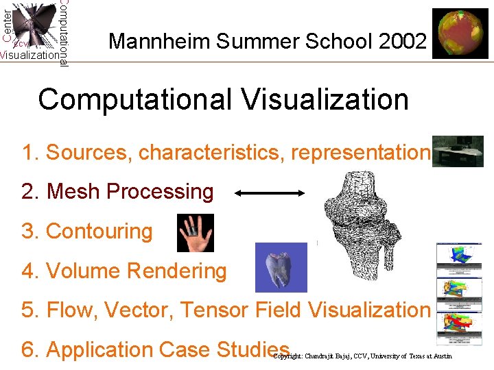 Center Computational CCV Visualization Mannheim Summer School 2002 Computational Visualization 1. Sources, characteristics, representation Center Computational CCV Visualization Mannheim Summer School 2002 Computational Visualization 1. Sources, characteristics, representation