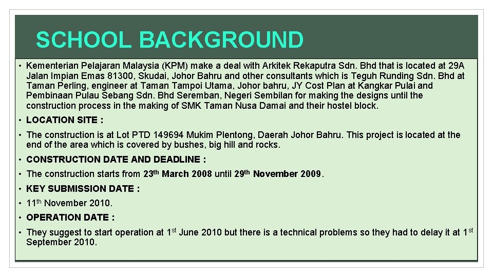 SCHOOL BACKGROUND • Kementerian Pelajaran Malaysia (KPM) make a deal with Arkitek Rekaputra Sdn.