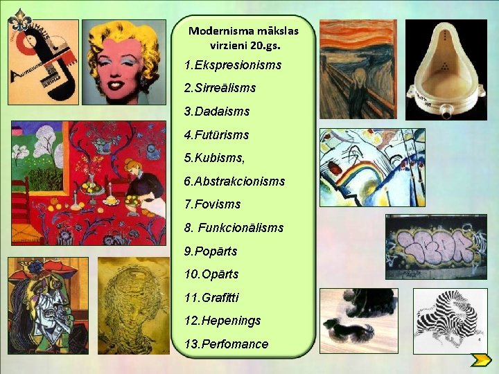 Modernisma mākslas virzieni 20. gs. 1. Ekspresionisms 2. Sirreālisms 3. Dadaisms 4. Futūrisms 5. Modernisma mākslas virzieni 20. gs. 1. Ekspresionisms 2. Sirreālisms 3. Dadaisms 4. Futūrisms 5.