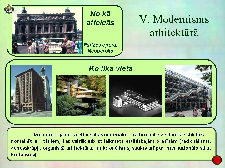 No kā atteicās V. Modernisms arhitektūrā Parīzes opera. Neobaroks Ko lika vietā Izmantojot jaunos No kā atteicās V. Modernisms arhitektūrā Parīzes opera. Neobaroks Ko lika vietā Izmantojot jaunos