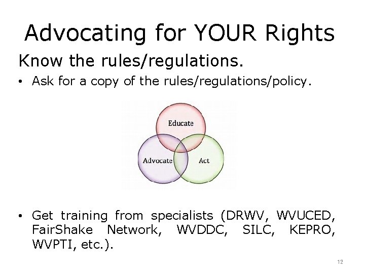 Advocating for YOUR Rights Know the rules/regulations. • Ask for a copy of the