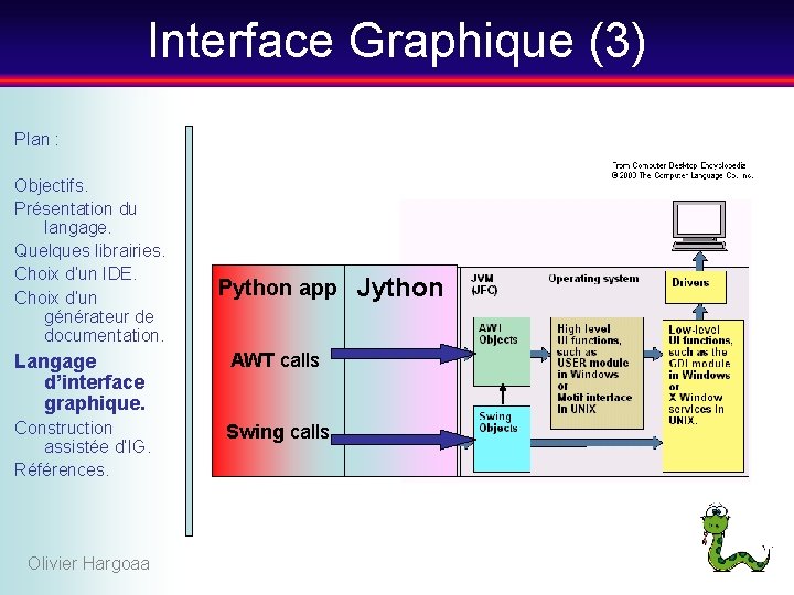 Interface Graphique (3) Plan : Objectifs. Présentation du langage. Quelques librairies. Choix d’un IDE.