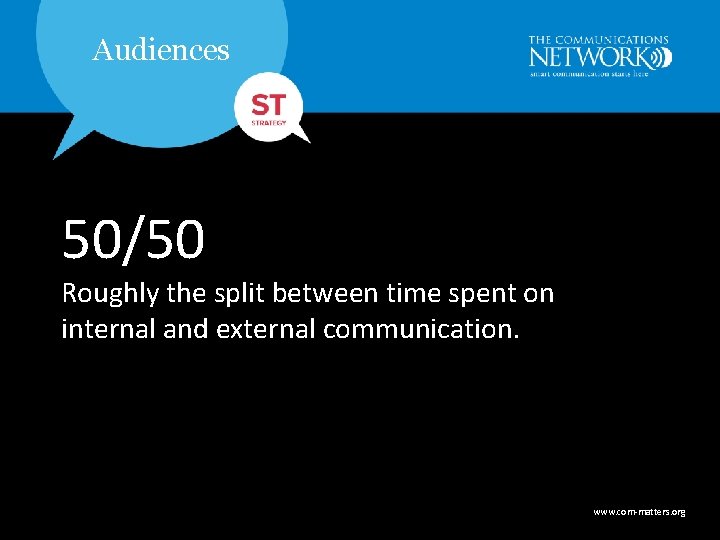 Audiences 50/50 Roughly the split between time spent on internal and external communication. www.