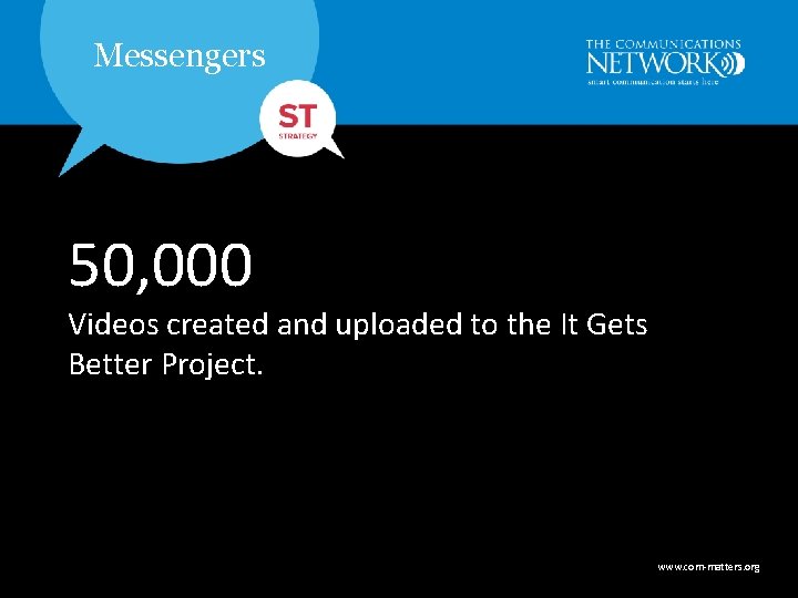 Messengers 50, 000 Videos created and uploaded to the It Gets Better Project. www.