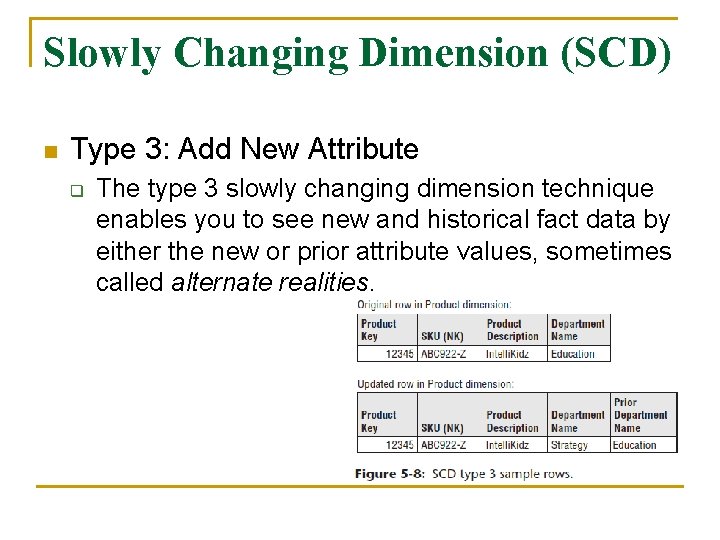 Slowly Changing Dimension (SCD) n Type 3: Add New Attribute q The type 3