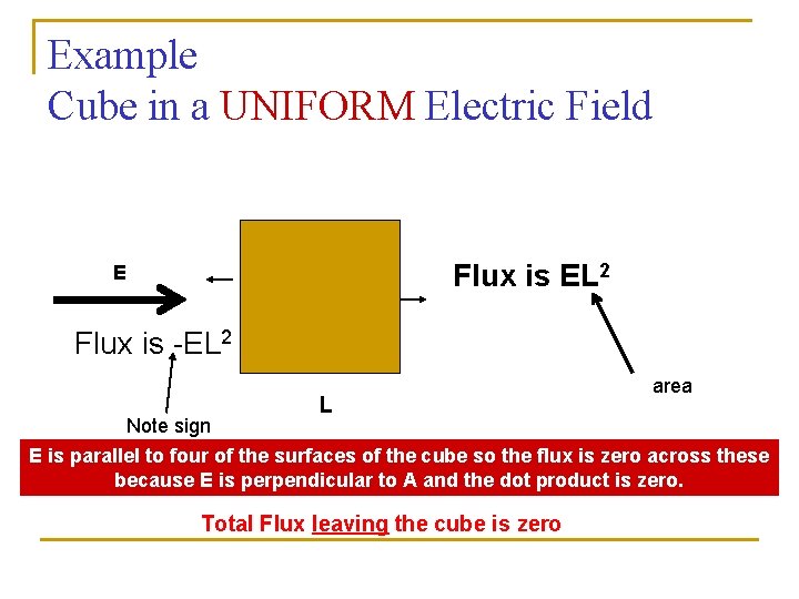 Example Cube in a UNIFORM Electric Field Flux is EL 2 E Flux is