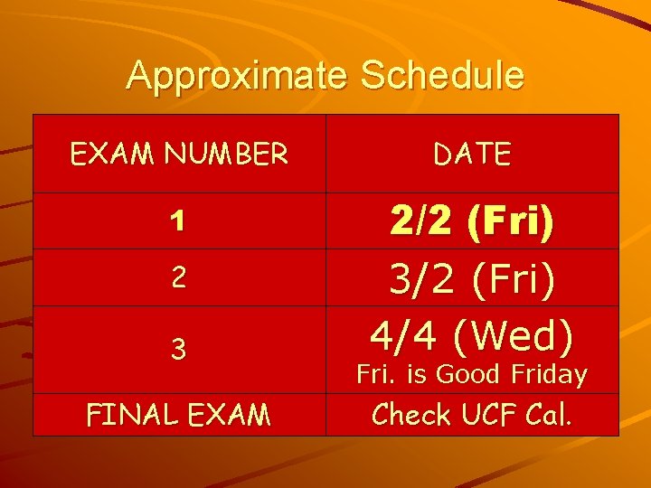 Approximate Schedule EXAM NUMBER DATE 1 2/2 (Fri) 3/2 (Fri) 4/4 (Wed) 2 3
