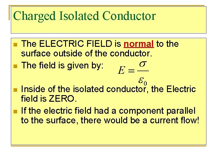 Charged Isolated Conductor n n The ELECTRIC FIELD is normal to the surface outside