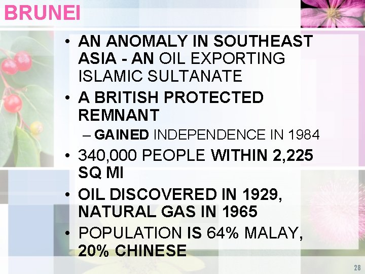 BRUNEI • AN ANOMALY IN SOUTHEAST ASIA - AN OIL EXPORTING ISLAMIC SULTANATE • BRUNEI • AN ANOMALY IN SOUTHEAST ASIA - AN OIL EXPORTING ISLAMIC SULTANATE •