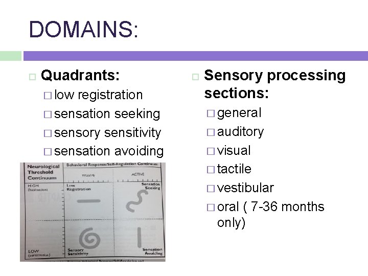 DOMAINS: Quadrants: � low registration � sensation seeking � sensory sensitivity � sensation avoiding