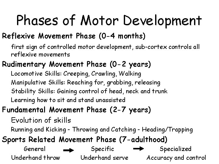 Phases of Motor Development Reflexive Movement Phase (0 -4 months) first sign of controlled