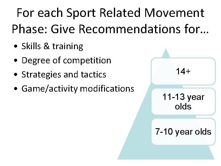 For each Sport Related Movement Phase: Give Recommendations for… • • Skills & training