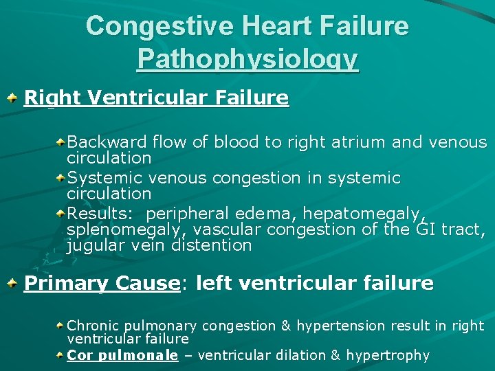 Congestive Heart Failure Pathophysiology Right Ventricular Failure Backward flow of blood to right atrium