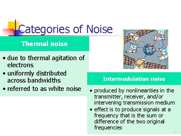 Categories of Noise Thermal noise • due to thermal agitation of electrons • uniformly Categories of Noise Thermal noise • due to thermal agitation of electrons • uniformly