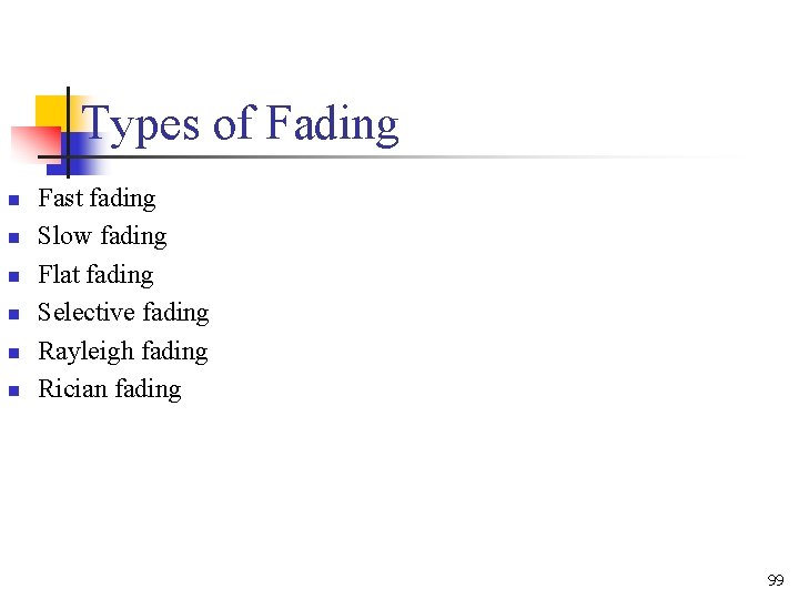 Types of Fading n n n Fast fading Slow fading Flat fading Selective fading Types of Fading n n n Fast fading Slow fading Flat fading Selective fading