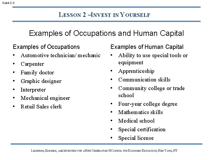 SLIDE 2. 3 LESSON 2 –INVEST IN YOURSELF Examples of Occupations and Human Capital