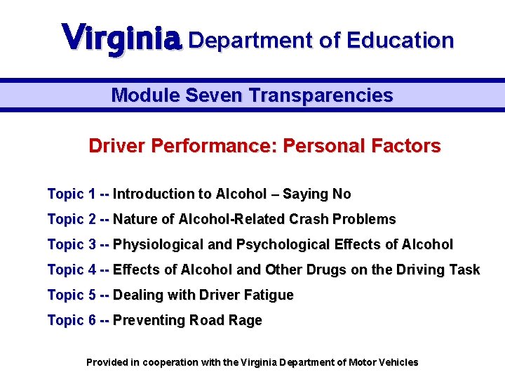 Virginia Department of Education Module Seven Transparencies Driver Performance: Personal Factors Topic 1 --