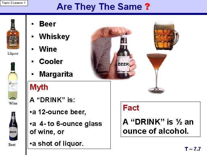 Are They The Same ? Topic 3 Lesson 1 • Beer • Whiskey Liquor