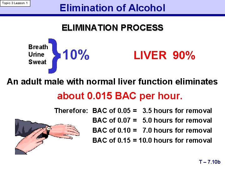 Topic 3 Lesson 1 Elimination of Alcohol ELIMINATION PROCESS } Breath Urine Sweat 10%