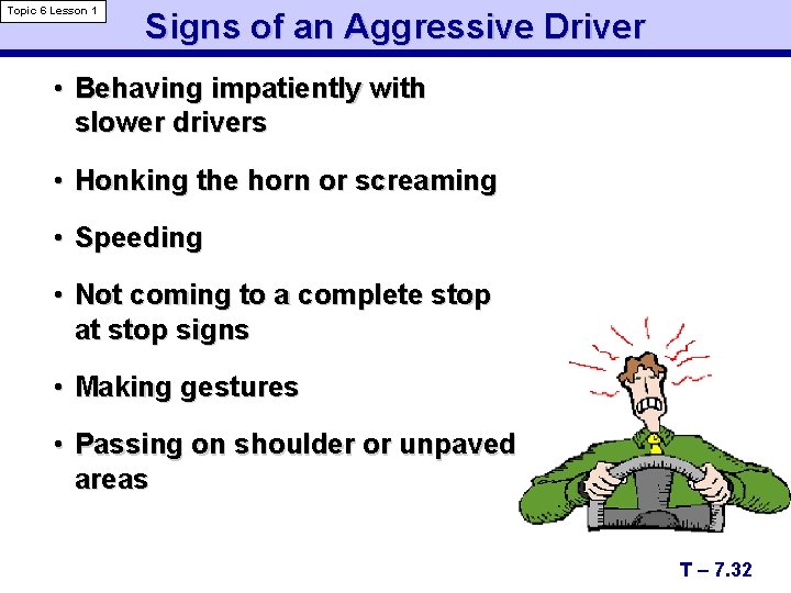 Topic 6 Lesson 1 Signs of an Aggressive Driver • Behaving impatiently with slower
