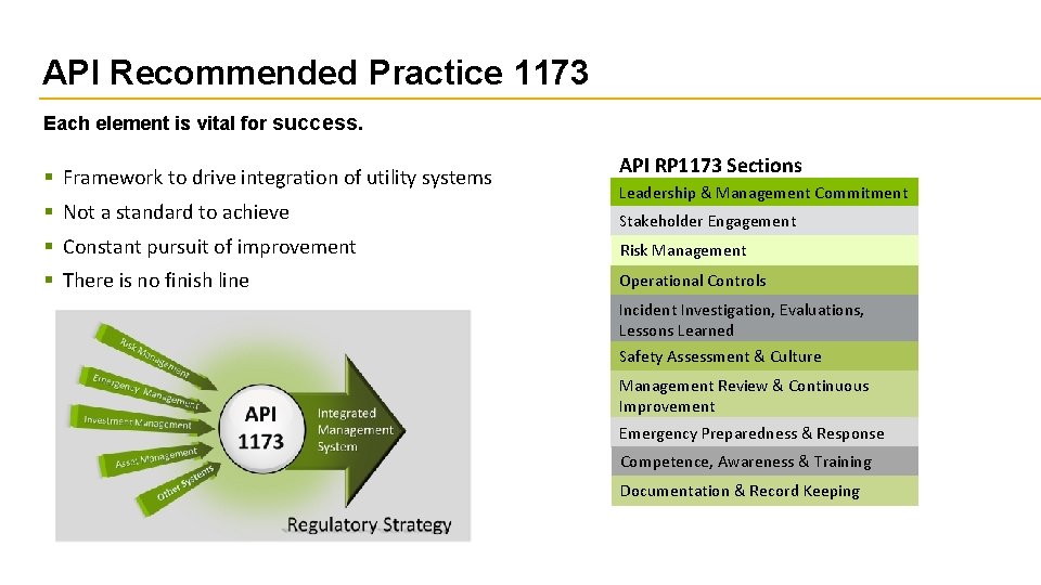 API Recommended Practice 1173 Each element is vital for success. § Framework to drive