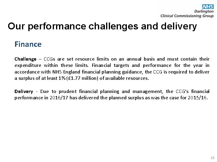 Our performance challenges and delivery Finance Challenge – CCGs are set resource limits on