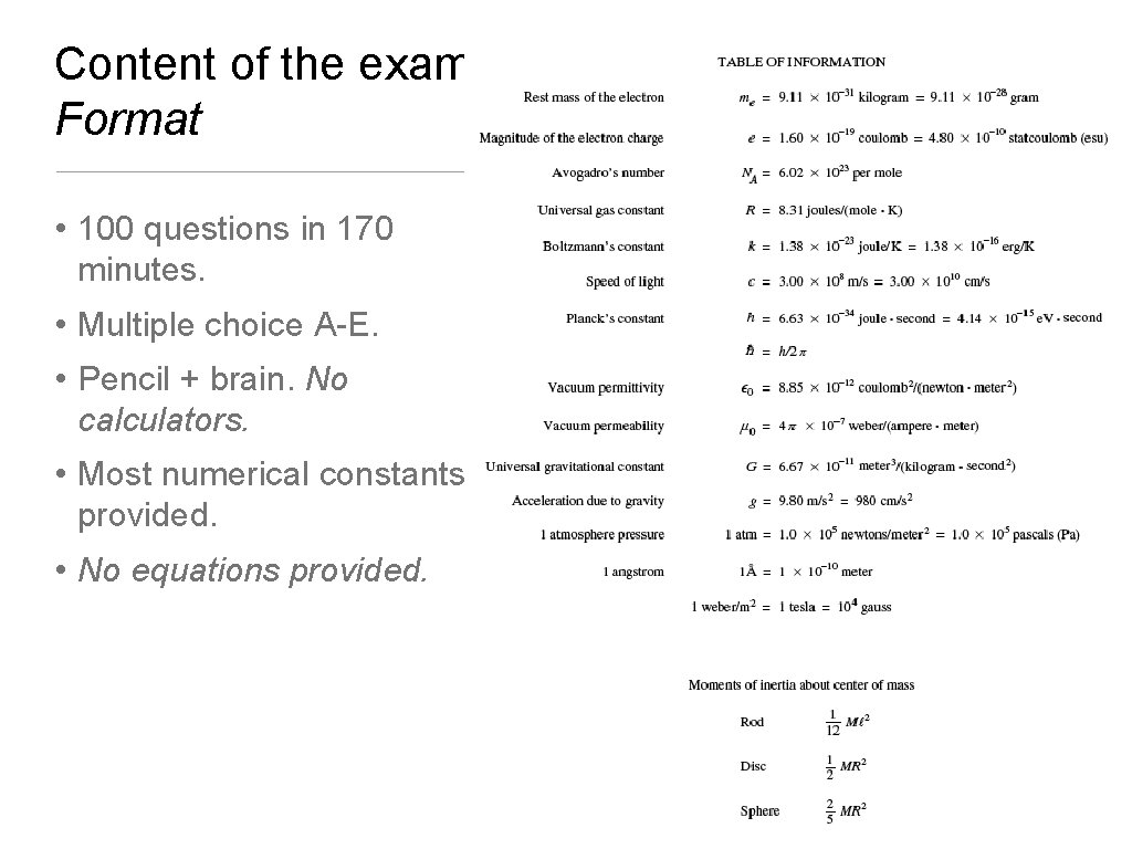 Content of the exam Format • 100 questions in 170 minutes. • Multiple choice