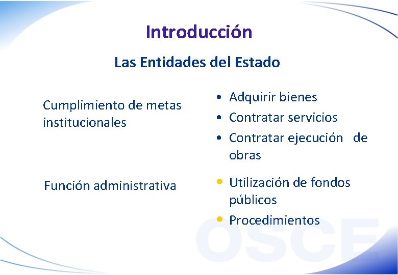 Introducción Las Entidades del Estado Cumplimiento de metas institucionales Función administrativa • Adquirir bienes