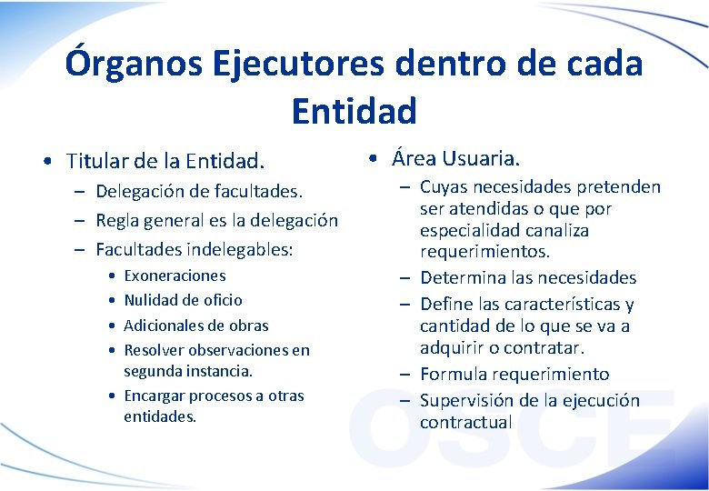 Órganos Ejecutores dentro de cada Entidad • Titular de la Entidad. – Delegación de