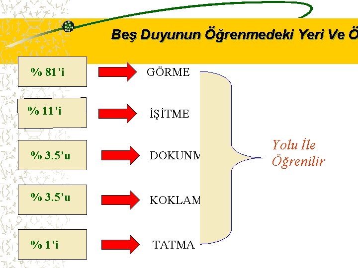 Beş Duyunun Öğrenmedeki Yeri Ve Ö % 81’i GÖRME % 11’i İŞİTME % 3.