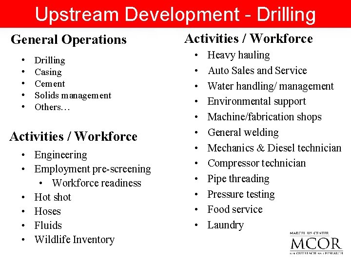 Upstream Development - Drilling General Operations • • • Drilling Casing Cement Solids management
