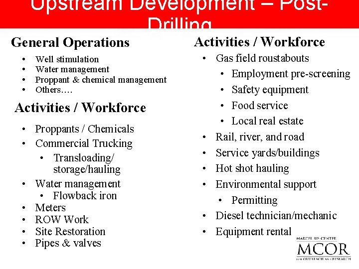 Upstream Development – Post. Drilling General Operations • • Well stimulation Water management Proppant