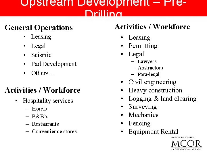 Upstream Development – Pre. Drilling General Operations • • • Leasing Legal Seismic Pad
