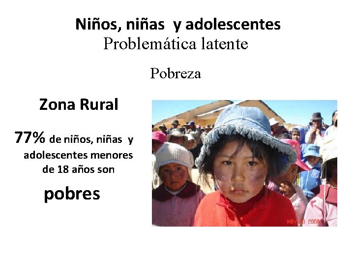 Niños, niñas y adolescentes Problemática latente Pobreza Zona Rural 77% de niños, niñas y