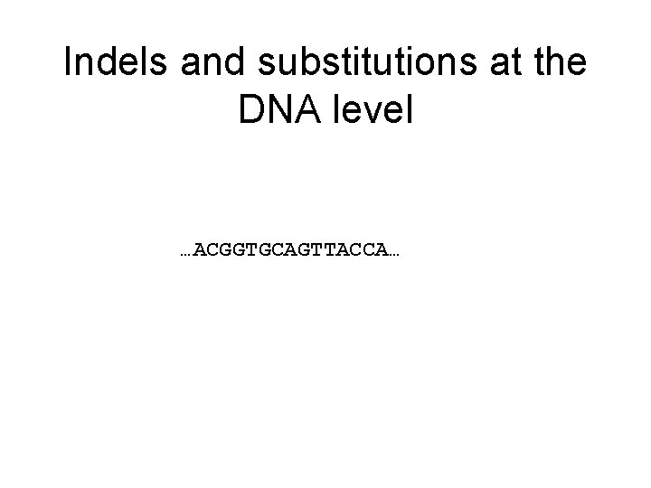 Indels and substitutions at the DNA level Deletion Mutation …ACGGTGCAGTTACCA… 
