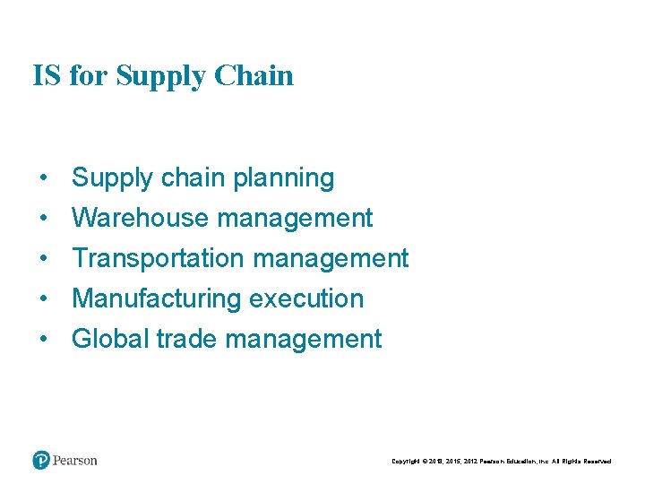 IS for Supply Chain • • • Supply chain planning Warehouse management Transportation management IS for Supply Chain • • • Supply chain planning Warehouse management Transportation management