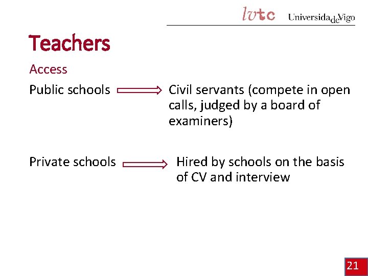 Teachers Access Public schools Private schools Civil servants (compete in open calls, judged by