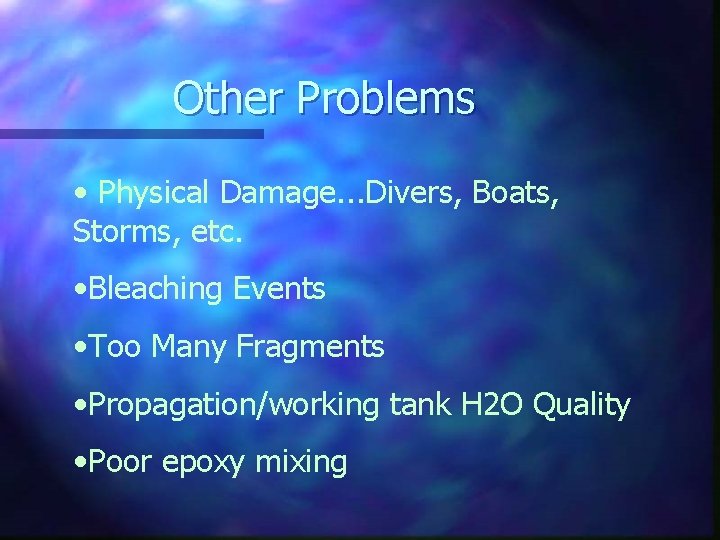 Other Problems • Physical Damage. . . Divers, Boats, Storms, etc. • Bleaching Events