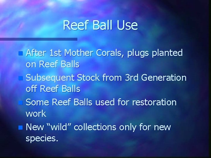 Reef Ball Use After 1 st Mother Corals, plugs planted on Reef Balls n