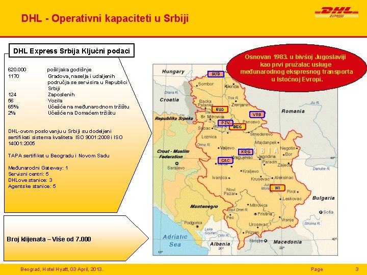 DHL - Operativni kapaciteti u Srbiji DHL Express Srbija Ključni podaci 620. 000 1170
