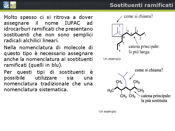 Sostituenti ramificati Molto spesso ci si ritrova a dover assegnare il nome IUPAC ad