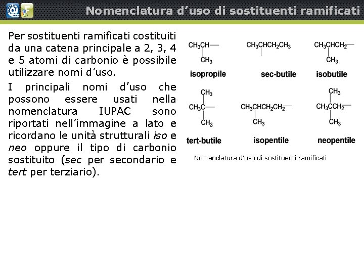 Nomenclatura d’uso di sostituenti ramificati Per sostituenti ramificati costituiti da una catena principale a