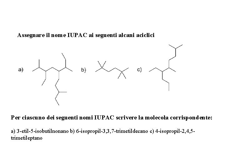 Assegnare il nome IUPAC ai seguenti alcani aciclici Per ciascuno dei seguenti nomi IUPAC