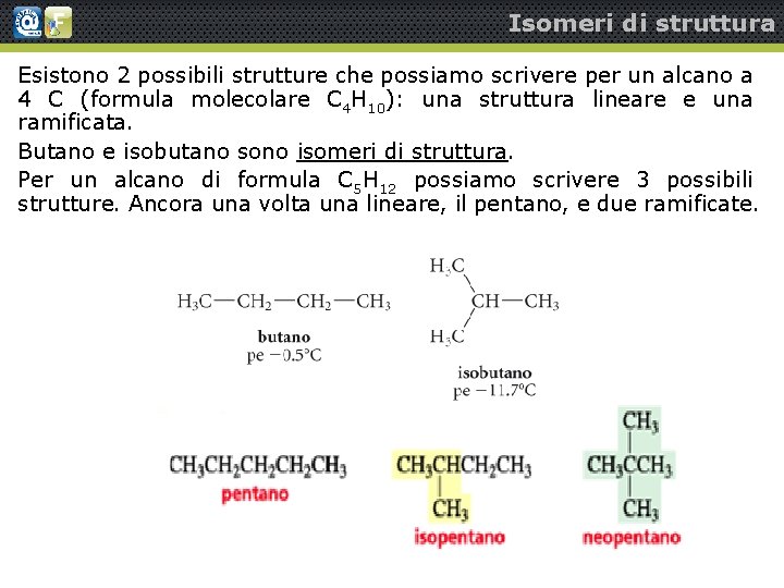 Isomeri di struttura Esistono 2 possibili strutture che possiamo scrivere per un alcano a