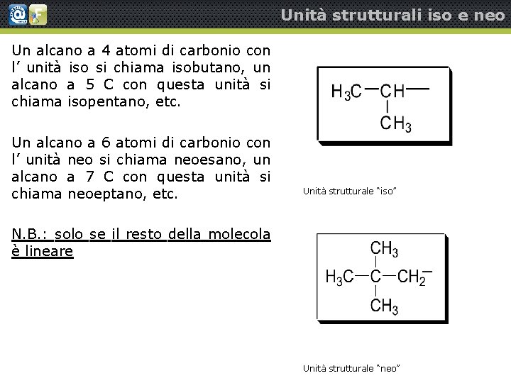 Unità strutturali iso e neo Un alcano a 4 atomi di carbonio con l’