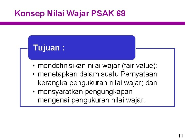 Konsep Nilai Wajar PSAK 68 Tujuan : • mendefinisikan nilai wajar (fair value); •