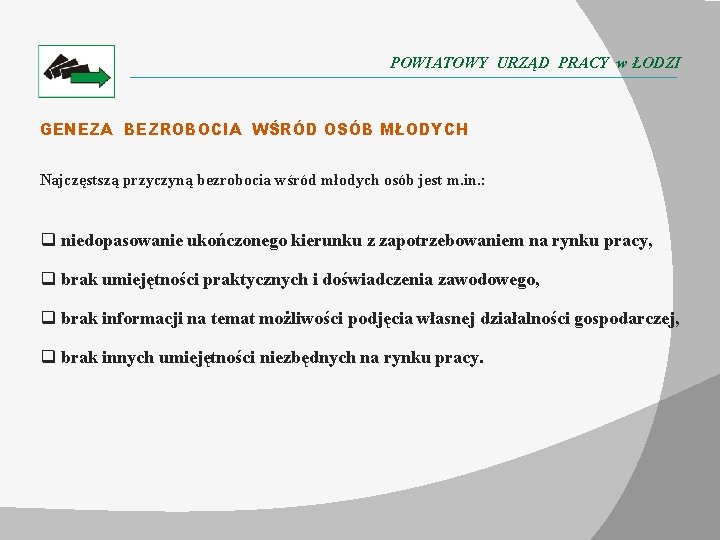 POWIATOWY URZĄD PRACY w ŁODZI GENEZA BEZROBOCIA WŚRÓD OSÓB MŁODYCH Najczęstszą przyczyną bezrobocia wśród