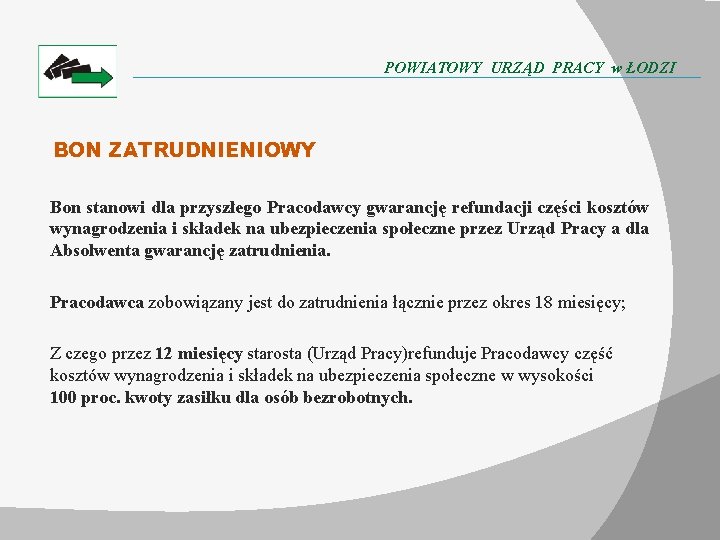 POWIATOWY URZĄD PRACY w ŁODZI BON ZATRUDNIENIOWY Bon stanowi dla przyszłego Pracodawcy gwarancję refundacji